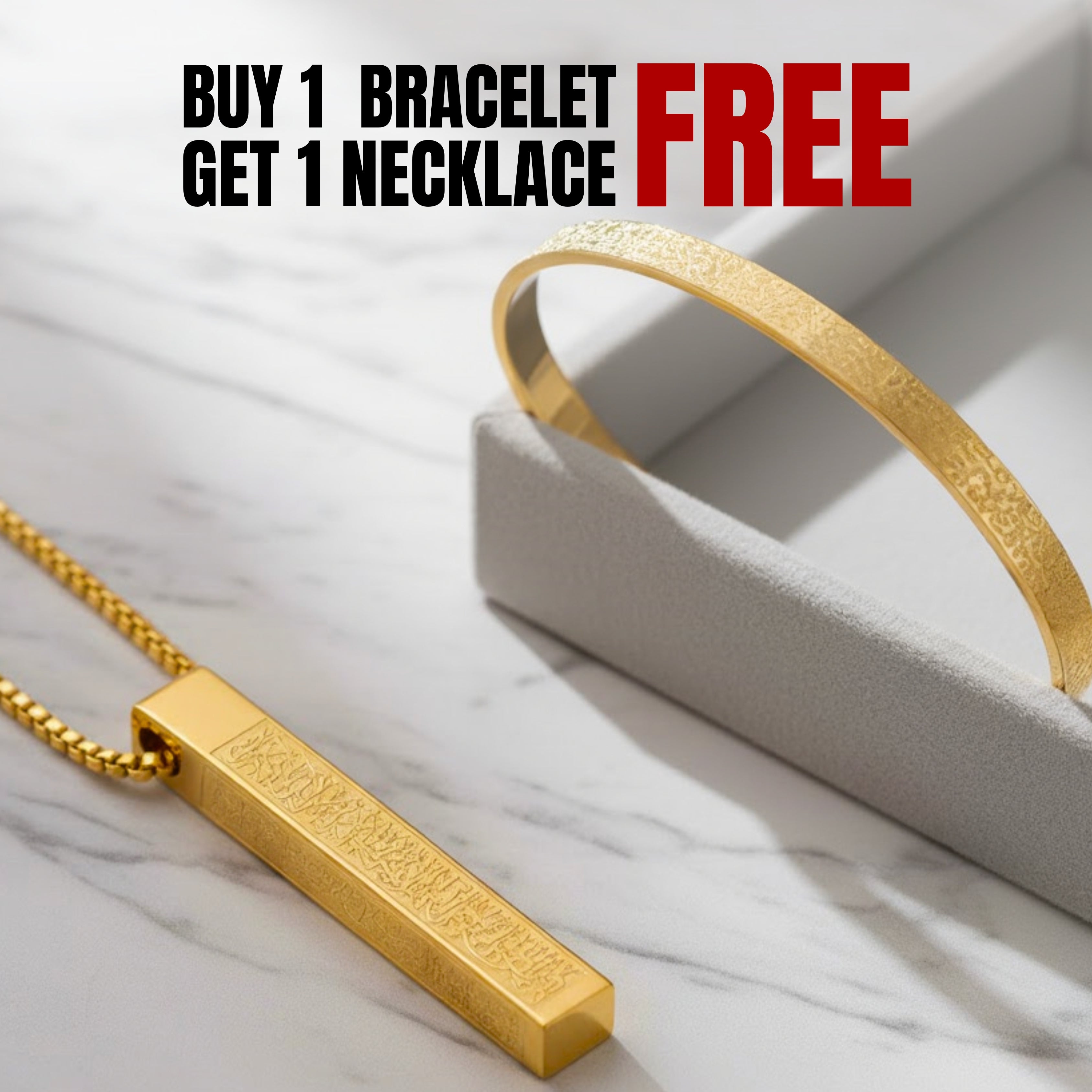 Buy 1 Ayatul Kursi Bracelet Get 1 Necklace Free – 18K Gold Plated, Silver & Black Islamic Jewelry