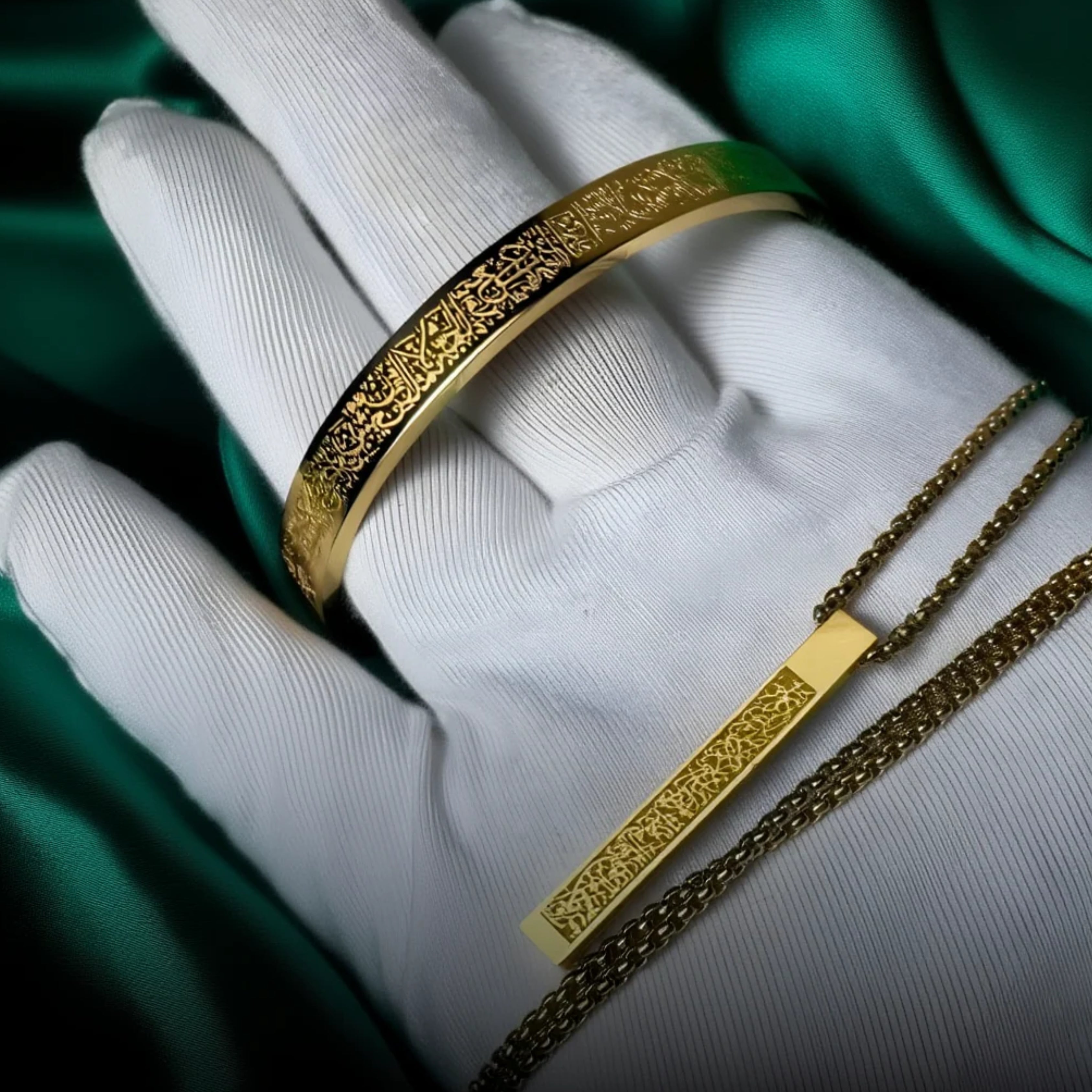 Buy 1 Ayatul Kursi Bracelet Get 1 Necklace Free – 18K Gold Plated, Silver & Black Islamic Jewelry