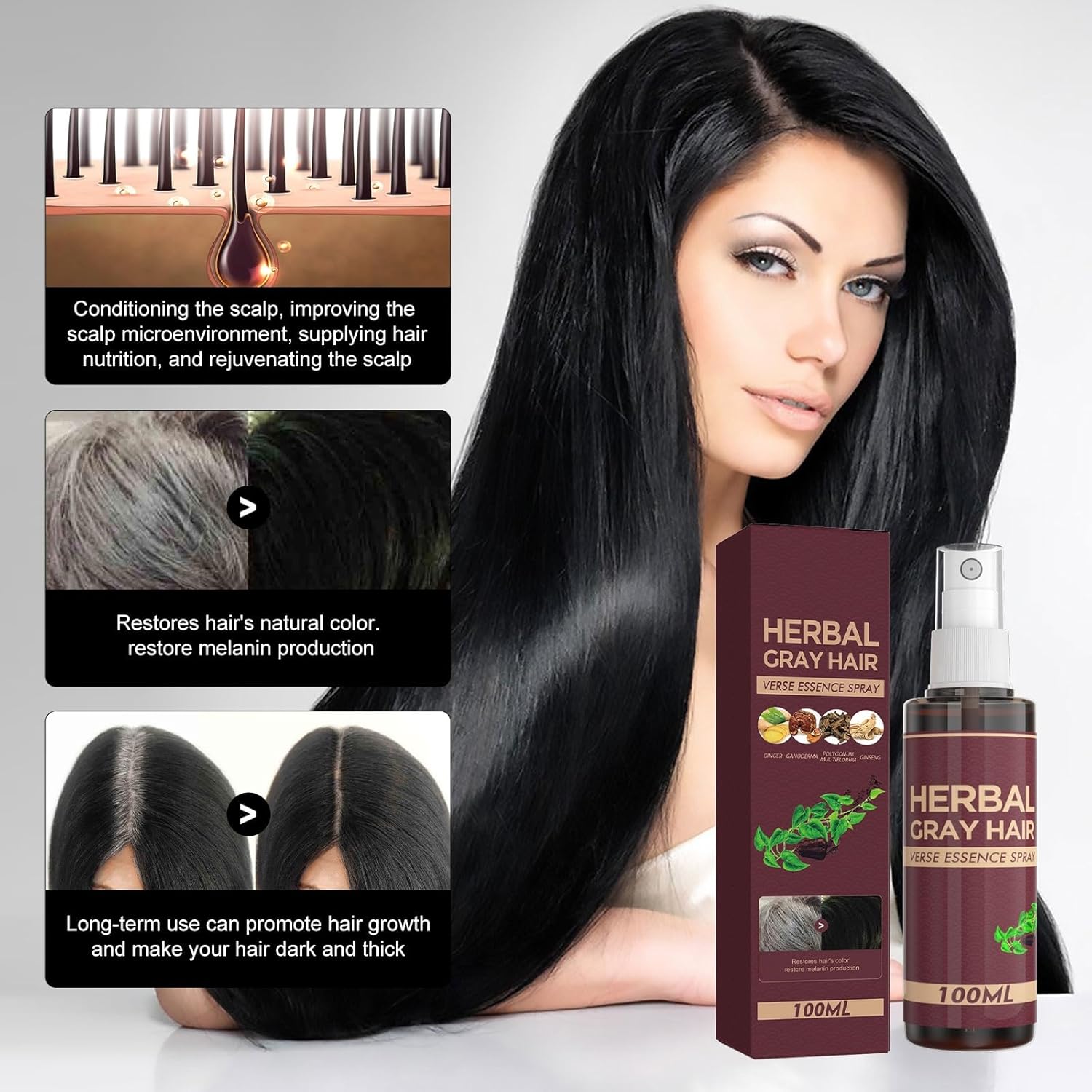 Herbal Gray Hair Verse Essence Spray – Natural Grey Hair Darkening Spray & Scalp Nourishing Treatment
