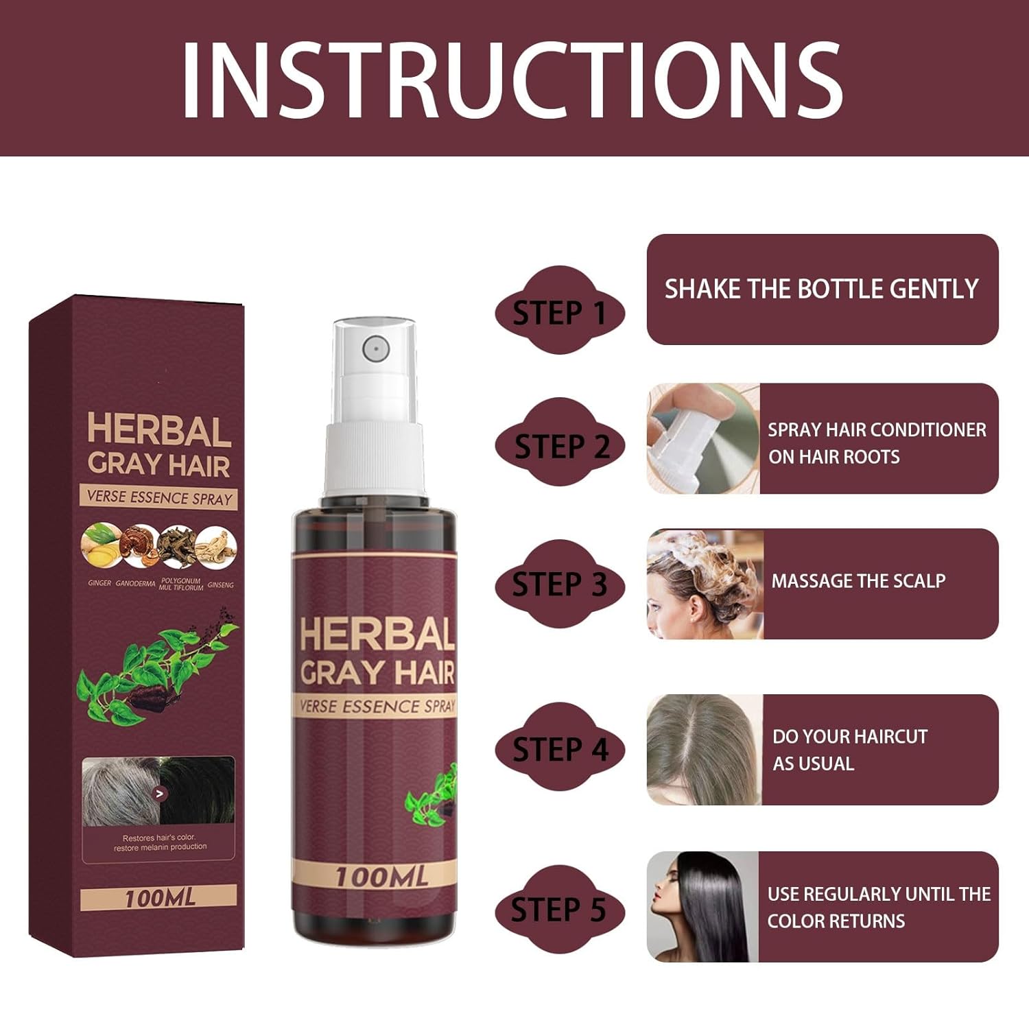 Herbal Gray Hair Verse Essence Spray – Natural Grey Hair Darkening Spray & Scalp Nourishing Treatment